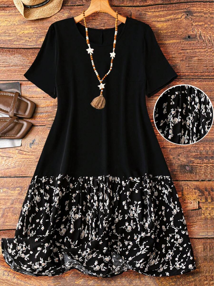 EMERY ROSE Plus Size Ditsy Floral Round Neck Casual Short Sleeve Dress, Summer - Multicolor - View 1