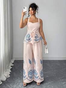Elenzga Damen Große Größen elegantes romantisches Blumen Druckmieder und lange Hose Set, geeignet für Sommer, Schulanfang, Abschluss, Feiertage, Valentinstag, Musikfestivals, Muttertag, Halloween, Erntedankfest, Ostern, Nationalfeiertag, Galas, Dates, Partys, Hochzeiten, Ausflüge - Verschiedenfarbig - Übersicht 5