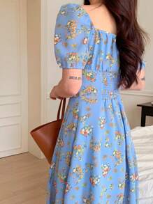 DAZY Women's Square Neck Waist Cinched Short Sleeve Split Midi Dress