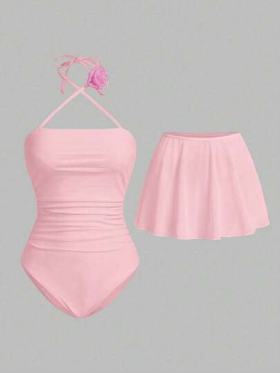 Sweetra 1 pieza Elegante traje de baño de una sola pieza con cuello de corbata con estampado floral estilo princesa de palacio juvenil para mujer