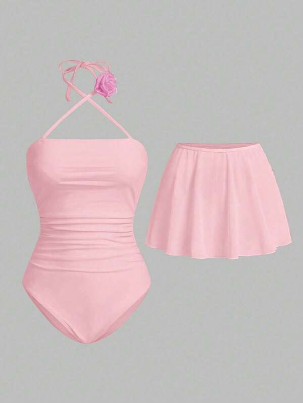 Sweetra 1pc Women's Elegant Palace Style Youthful Ivory Wedding Party Princess Floral Neck Tie One-Piece Swimsuit For Summer Beach Vacation