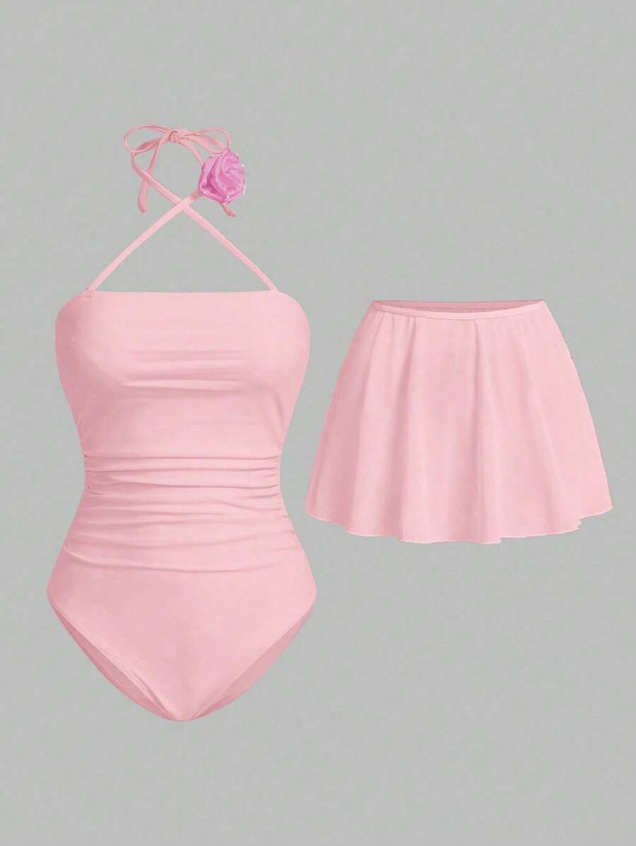 Sweetra 1 件女士优雅宫廷风格青春象牙色婚礼派对公主花领带连体泳衣 - 粉色 - 查看 1