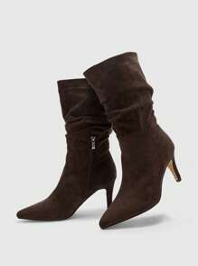 CUCCOO BIZCHIC Coffee Pointed Toe Slip-On High Heel Ruched Ankle Boots, Women's Fashion Ankle Boots For Christmas Spring Shoes - Coffee Brown - View 10