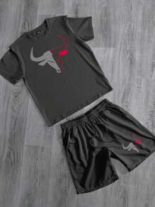 Manfinity LEGND 2pcs Casual Men's Bull Print Short Sleeve T-Shirt & Shorts Set - Black - View 3