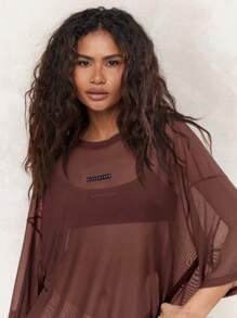 MISSGUIDED Transparente Mesh Oversized Langarm Bluse, lässiges Layering Oberteil für den Herbst, Festivalmoden Statement Piece, Party Club Abendgarderobe - Schokoladenbraun - Übersicht 4