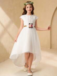 Girls' Elegant Lace Chiffon Patchwork Formal Dress With Champagne Sash Bow, Floral Applique, Suitable For Flower Girl, Wedding, Prom, Versatile - White - View 2