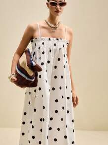 Muvela 女士波尔卡圆点吊带裙，时尚夏季度假连衣裙，优雅女士夏装 - 黑與白 - 查看 7