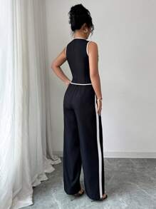 Selianne 女式夏季撞色无袖西装外套和阔腿裤套装