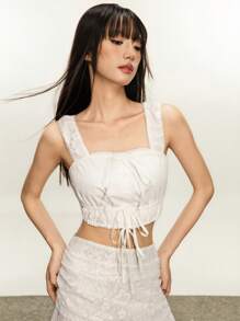 Rina Fox Áo ba lỗ dây rộng đơn giản buộc dây màu trắng dành cho nữ, mùa hè - trắng - Xem 4
