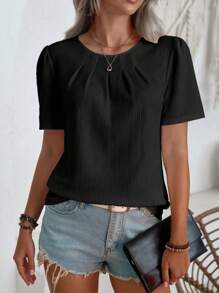 SHEIN LUNE 女士休闲纯色圆领短款泡泡袖褶皱衬衫，夏季