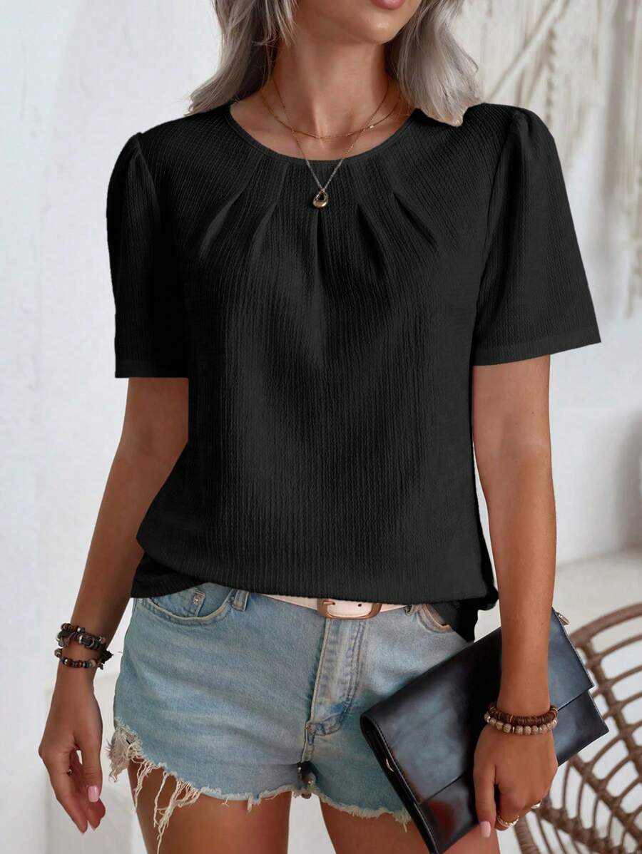 SHEIN LUNE 女士休闲纯色圆领短款泡泡袖褶皱衬衫，夏季