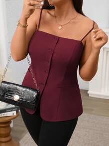 Vionelle 女式法式优雅通勤下午茶派对前扣下摆开叉吊带背心，春夏季 - 紫紅色 - 查看 6