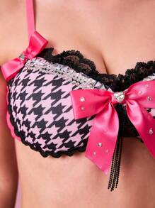 ROMWE J-Fashion Girly Houndstooth Bow Print Rhinestone Embellished Camisole' - Pink - View 2