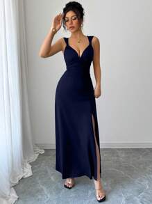 SHEIN Unity Sleeveless Solid Color Thigh Slit Elegant Dress, Summer - Navy Blue - View 7