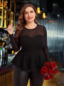 Reflora Áo thun đen dáng rộng cho nữ, chất liệu lưới, viền bèo nhún, thích hợp cho mùa xuân, đám cưới hoặc ngày Valentine. - màu đen - Xem 5