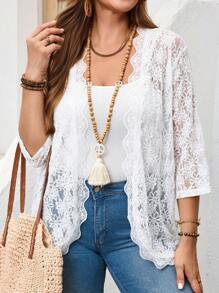 EMERY ROSE 大码女式花卉蕾丝 3/4 袖前开式时尚夹克、女式夏装、女式外出上衣、女士海滩装、度假、骄傲游行、乡村音乐会、女式波西米亚风服装、女式假期、狂欢派对、女式早午餐、海滩度假装、女士办公室装、女士工作装、商务休闲女装、茶会、狂欢派对秋季女装、秋季、秋季服装蕾丝和服白色蕾丝上衣蕾丝罩衫女士波西米亚风上衣 - 白色 - 查看 1