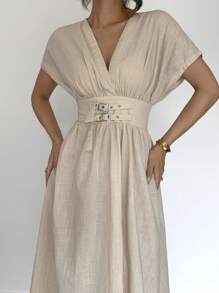 SHEIN Essnce Women's Elegant Beige Summer Vacation Long Dress, Comfortable Solid Color Waist Buckle Design Batwing Short Sleeve Pleated Casual Maxi Dress - Apricot - View 5