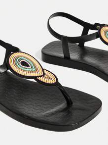 Grefit 女士平底人字拖凉鞋，休闲沙滩旅行度假拖鞋 - 黑色 - 查看 7