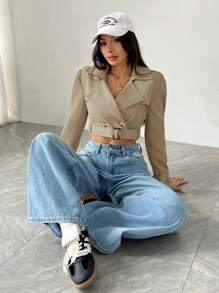 SHEIN EZwear 秋冬女士纯色短款长袖休闲卡其色风衣 - 卡其色 - 查看 6