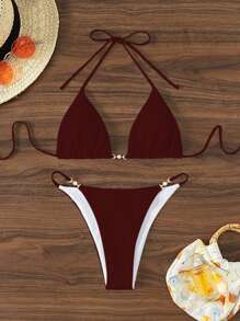 Swim Basics Women's Beach Holiday Tie Front Red Bikini Set For Summer Beach Vacation