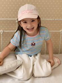 Hapijoa 女童圆领条纹卡通刺绣短袖T恤，夏季 - 藍色 - 查看 4