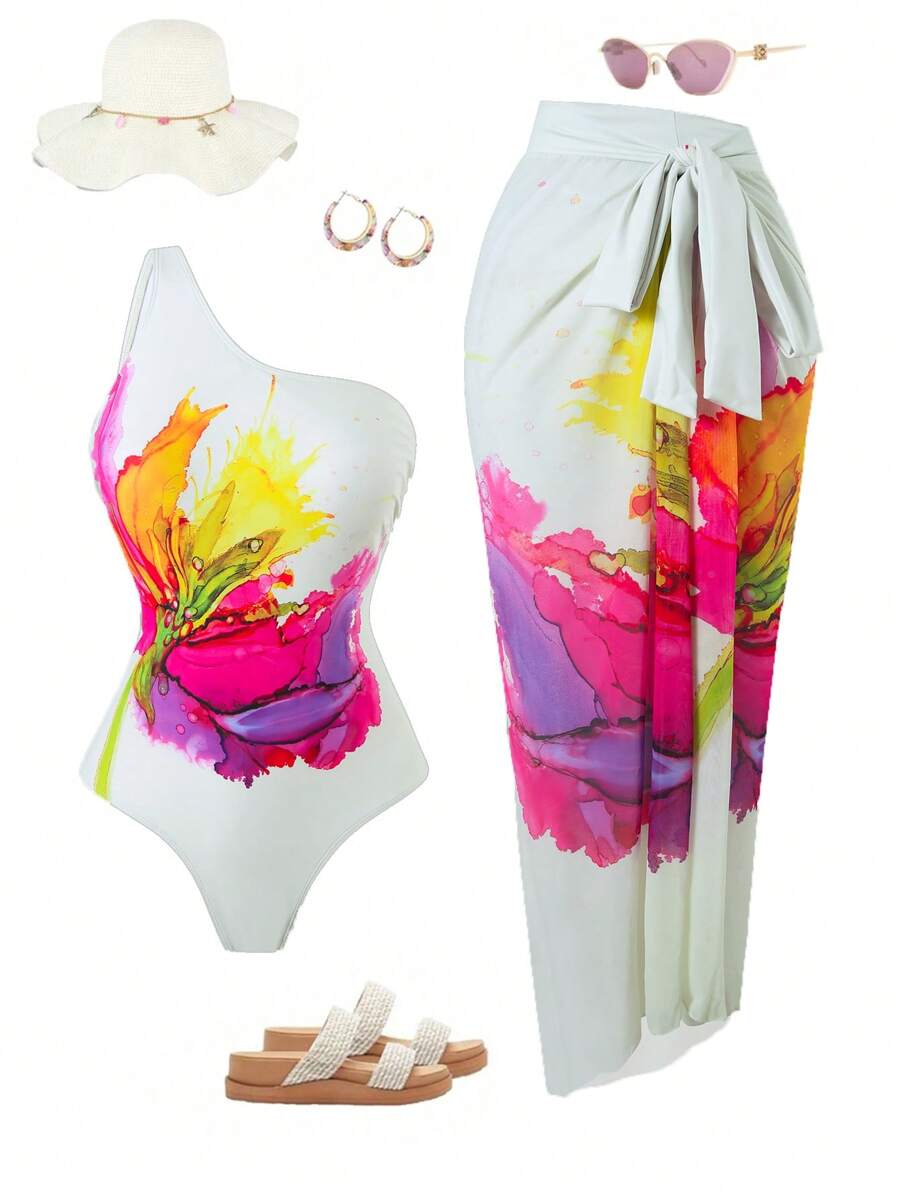 Swim Oasis 大码女式连体泳衣，多色印花，搭配印花网眼长裙，性感优雅的海滩度假套装 - 彩色 - 查看 1
