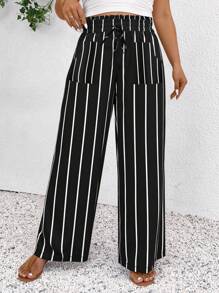 SHEIN Frenchy Pantalones casuales holgados y con encaje de cintura alta para mujer de talla grande, con estilo de festival de música, en gradiente, de color negro y blanco a rayas con contraste de unicolor, para vacaciones de verano