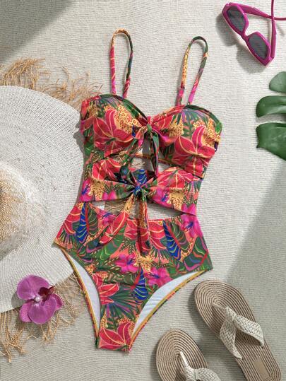 Soleia Traje de baño de una pieza con estampado tropical y lazo al frente para mujer
