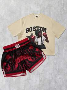 ROMWE MEN Street Life Men's Street Life Character Dark Y2K Streetwear Anime Graphic Print Short Sleeve T-Shirt And Boxing Shorts Set