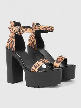 Grunge Punk Women's Fashion Leopard Print Strap Sandals, Summer Gothic Punk Style Metal Buckle Open Toe Stylish Shoes