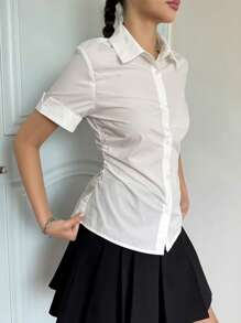 SHEIN Teen Girls' Casual Minimal Comfortable Turndown Collar Cinched Waist Short Sleeve Shirt - White - View 5