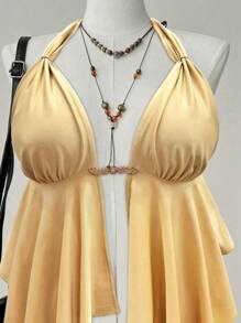 Flirla 大码女式背心，不对称下摆，纯色，无袖，夏季 - 金色 - 查看 3