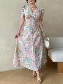 Modelyn Women's Slim Fit Mini Dress With Cross Neckline Decor Pearl Buttons & Puff Sleeves