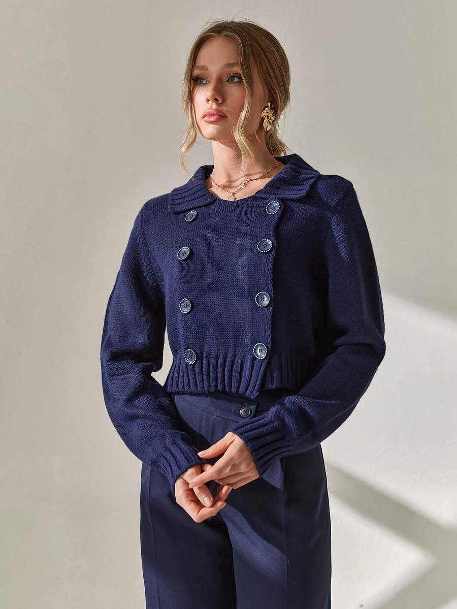 SHEIN Cottnline Double-Breasted Wool Cropped Jacket With Folded Collar, Flap Pockets, And Ribbed Cuffs - Navy Blue - View 1