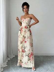 Selianne 女士优雅浪漫花卉印花褶饰腰部 A 字形下摆露肩连衣裙 - 彩色 - 查看 6
