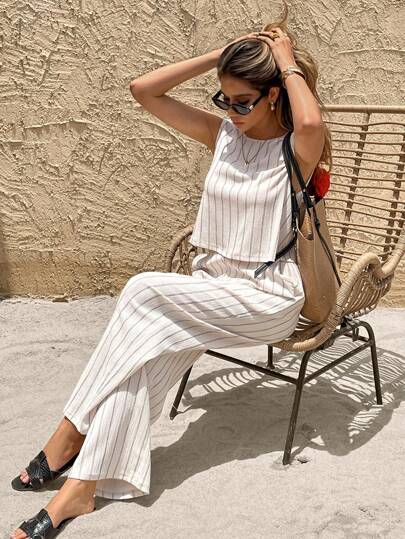 SHEIN Frenchy Women's Striped Crew Neck Sleeveless Top And Shorts 2 Pieces Set, Casual For Summer