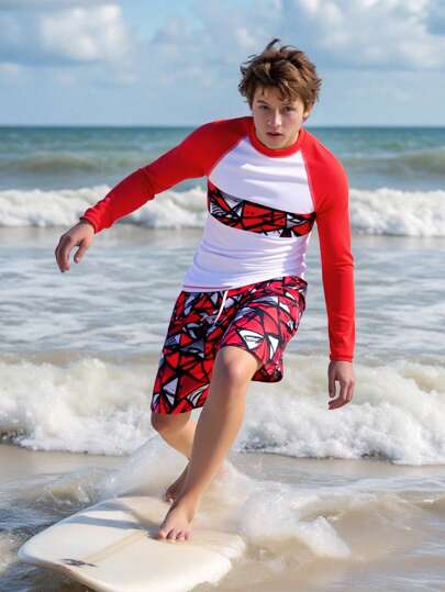 Conjunto de traje de baño para adolescentes niños de 2 piezas: Rashguard de manga larga y shorts de playa casuales, conjunto de traje de baño deportivo genial, adecuado para vacaciones