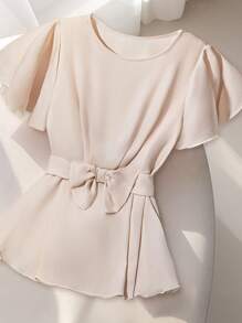 Franclia Blusa de gasa de manga corta con moño en unicolor para mujer de talla grande