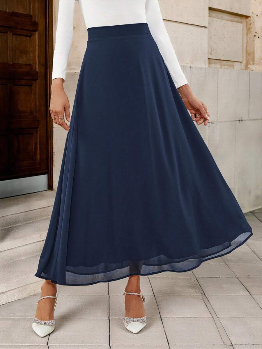 Solivie Solid High Waist A-line Chiffon Skirt - Navy Blue - View 1