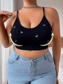 SHEIN 1 件女士加大码无缝无钢圈柔软舒适刺绣吊带文胸 - 黑色 - 查看 5