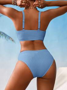 Swim Vcay 女士 V 领纹理条纹分体泳衣套装