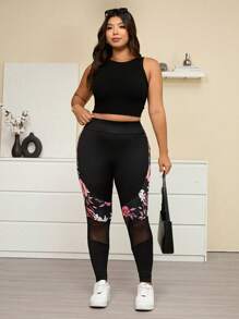 Calvaya Plus Size Women Tropical Plant Print Contrast Mesh Leggings For Vacation - Multicolor - View 4