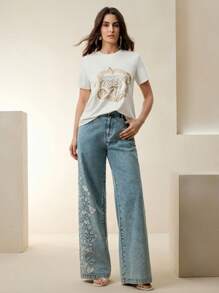 Anewsta Heavy Print Handmade Beaded Round Neck Versatile Regular Shoulder Short Sleeve T-Shirt - White - View 5