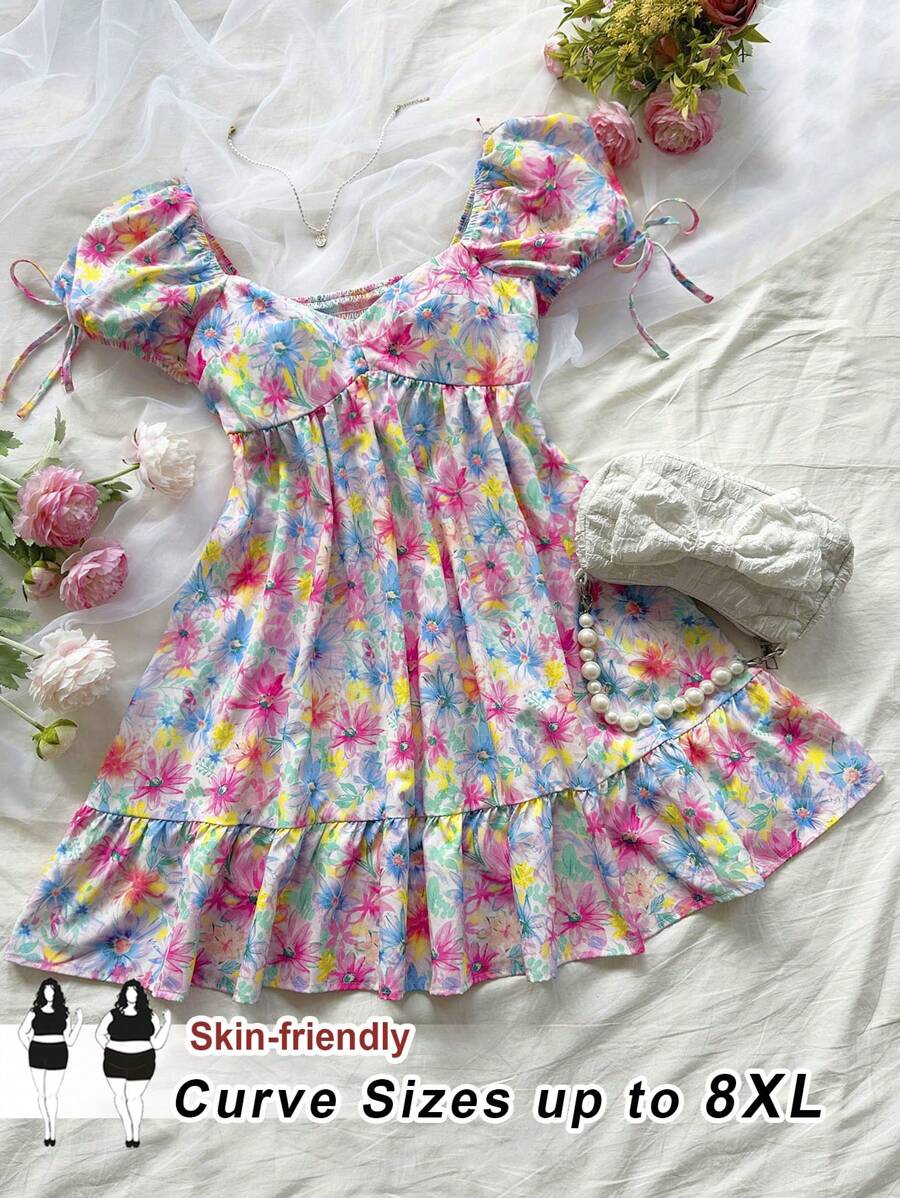 SHEIN CURVE+ 大码女装度假VACATION多色水彩浪漫碎花田园风休闲少女感系带泡泡袖方领宽松弹力短款连衣裙