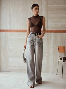 MOTF PREMIUM Jeans con bolsillos en sesgado con detalles de strass - Gris Oscuro - Ver 7