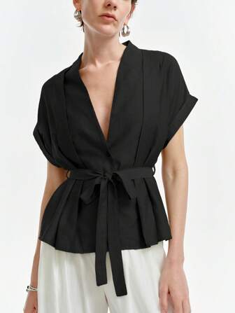 Aalyst Women's V-Neck Pleated Drop Shoulder Flared Hem Short Sleeve Linen Blouse, Commute Suitable, Spring/Summer