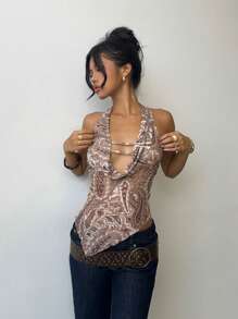 Aloruh Parte superior elegante y sexy para mujer, ideal para festivales de música, conciertos, uso diario y casual, estilo Y2K para chicas jóvenes, parte superior retro de malla tejida con estampado marrón, estilo bohemio chic para vacaciones, escote en V profundo, cuello halter, espalda descubierta, camisola con estampado de flor de anacardo, atuendos para graduación y regreso a la escuela