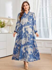 Al Najma 加大码烫印长袖阿拉伯风格连衣裙，休闲朴素的 Jalabiya 长裙，适合晚会/婚礼嘉宾/周年纪念