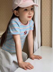 Hapijoa 女童圆领条纹卡通刺绣短袖T恤，夏季 - 藍色 - 查看 3