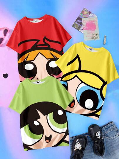 THE POWERPUFF GIRLS X SHEIN 3 piezas Camisetas de manga corta holgadas con estampado de flor, burbujas y botones para mujeres, de estilo informal y verano